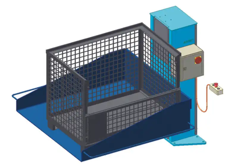Lift and tip station For pallet cages
