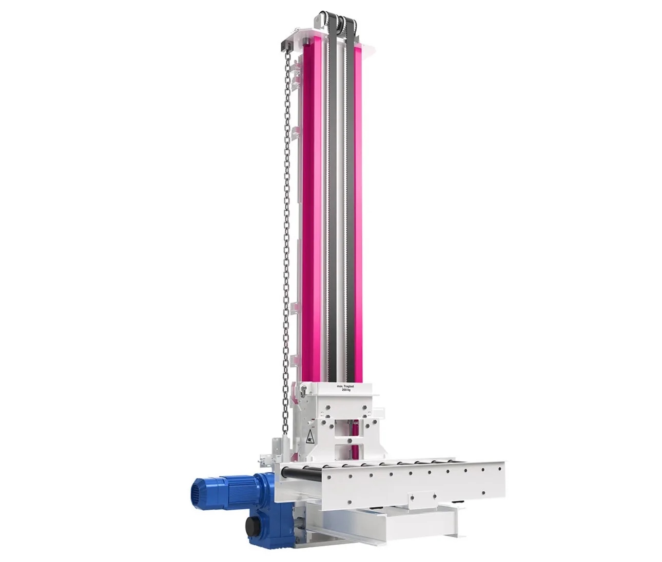 Vertikales Hubsystem mit Antrieb und Führung für präzise Positionierung in Fördersystemen